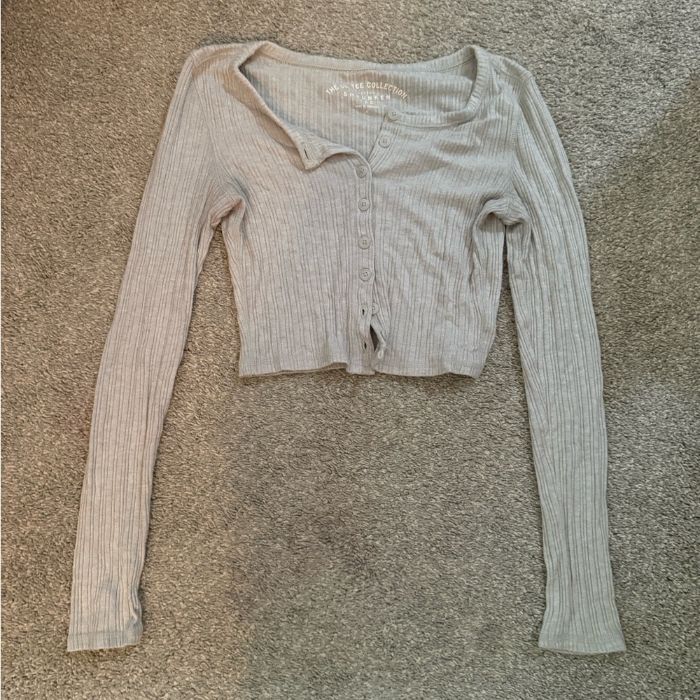 Gray Ribbed Long Sleeve Top
